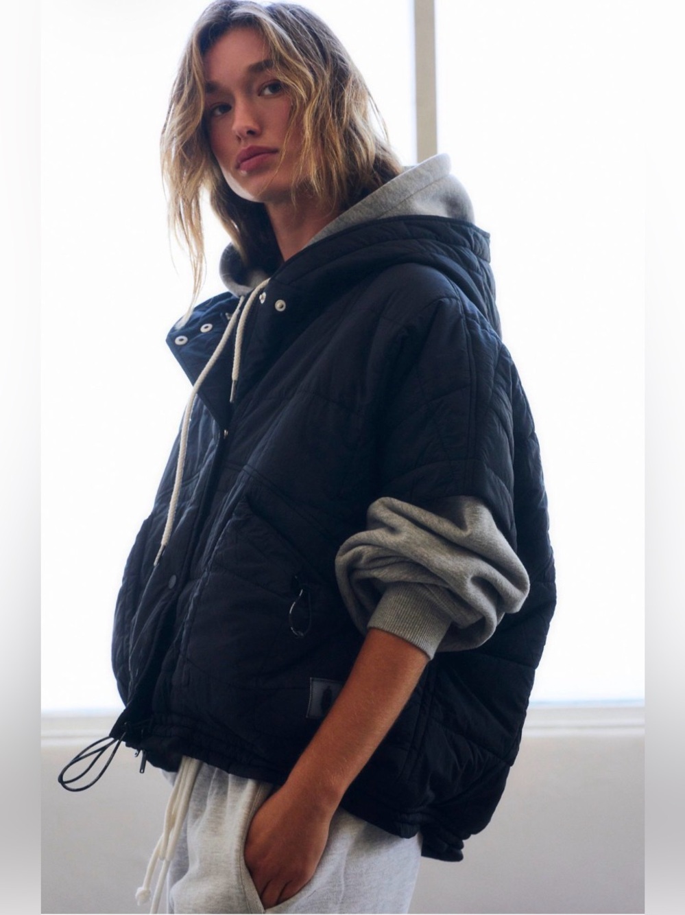 FP Movement Happy Trails Poncho Black Quilted Hooded Vest Size S